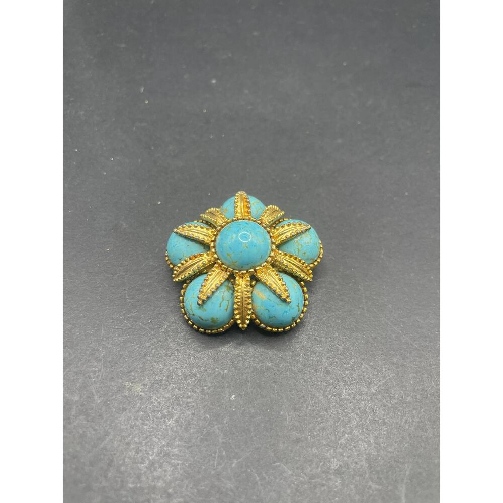Vintage Cathe Gold Tone Faux Turquoise Cabochon Flower Brooch Pin USA Made - Picture 6 of 11